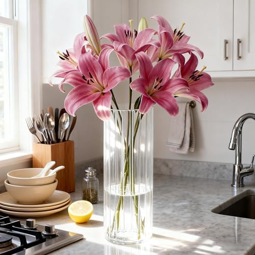 Flower Vase, Non-breakable Vase for Flower, Ribbed Acrylic Vase, 4"W x 10"H Tall Clear Cylinder Vases for Centerpieces, Living Room, Dining Table, Office, Bookshelf Decoration Housewarming Gift