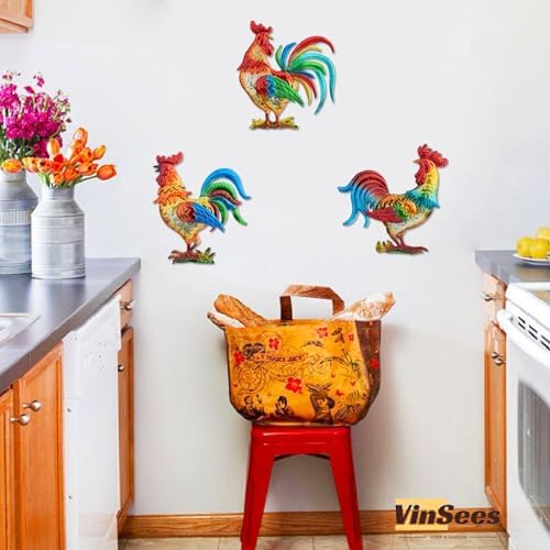 VinSees Metal Rooster Wall Art Decor, Chicken Gifts for Women, Mom, Grandma, Wife; 3D Rooster Wall Sculpture Set of 3 for Kitchen
