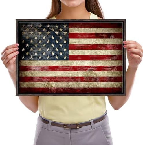 Pyradecor Walnut Framed Wall Art Old Vintage American Flag Canvas Prints Abstract Landscape Pictures Paintings for Living Room Office Home Decorations