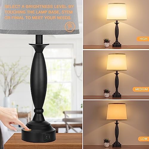 Bedroom Lamps for Nightstand, 3 Way Dimmable Black Bedside Lamps with USB