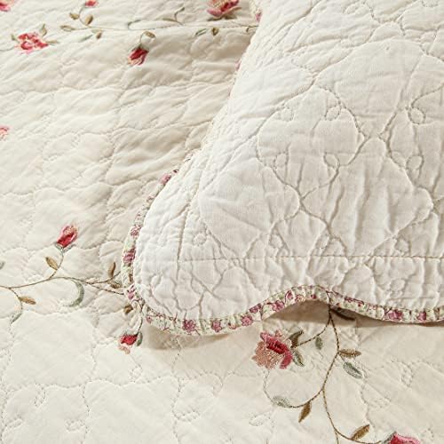 vctops 2-Piece Embroidered Cotton Quilted Pillow Shams Vintage Floral Decorative Pillow Covers Boho Pillow Cases Queen Size, Cream