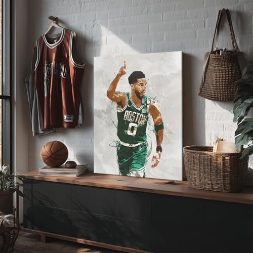 Jayson Tatum Basketball Canvas Wall Art, Sports Player Poster, 12x16 Inch | Abstract splash ink athletic artwork, motivational sports wall decor for teen boys room, bedroom, living room, gym or office