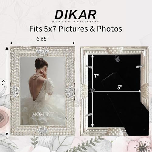 DIKAR 5x7 Picture Frame with Pearl and Crystal Decor for Wedding Photo, Ornate Frame Silver Plated for Tabletop Display