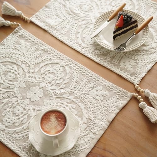 Embroidered Placemats Farmhouse Lace Doily, Beige 14"x18" 2PCs