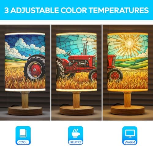 Tractor Table Lamp LED 3-Color Pressed Bedside, Tractor Shade Lamp with Wood Base for Bedroom Living Room Desk Office TL01