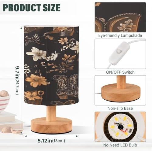 Western Cowboy Boots Flowers LED Table Lamp for Bedroom Bedside Lamp with USB Charging Ports Decor Nightstand for Living Room Reading Dorm Desk Home Office