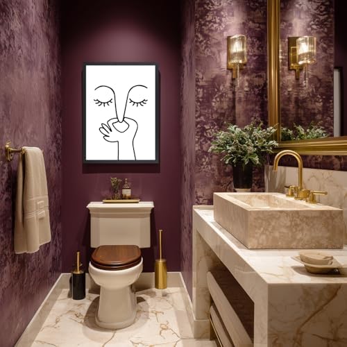 Cyebmo Funny Bathroom Wall Art, Minimalist Black and White Bathroom Picture Wall Decor, Toilet Pinching Nose Art Print for Restroom Guest BathRoom, Wood Framed Ready to Hang 12x16 Inch