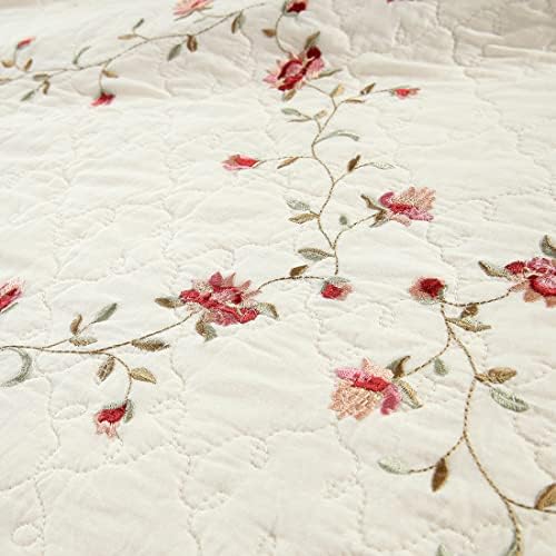 vctops 2-Piece Embroidered Cotton Quilted Pillow Shams Vintage Floral Decorative Pillow Covers Boho Pillow Cases Queen Size, Cream