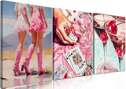 Framed Pink Preppy Wall Art Set of 3, Cowgirl Boots Cherry Cocktail Pictures Wall Decor, Trendy Poker Paintings Canvas Prints Girly Aesthetic Home Decor for Living Room Bedroom Dorm Bar 12x16 inch