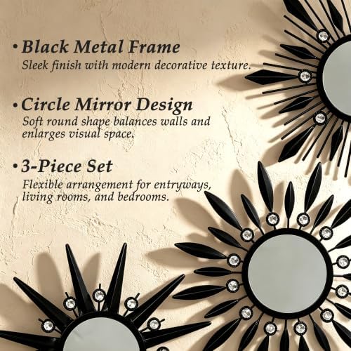Starburst Wall Decor Mirrors As Room Accents Decorative Hanging Mirror | Wall Mirror For Great Indoor Housewarming Gift Ideas Option, Metal Black Sunburst Circle Mirrors 3 pieces