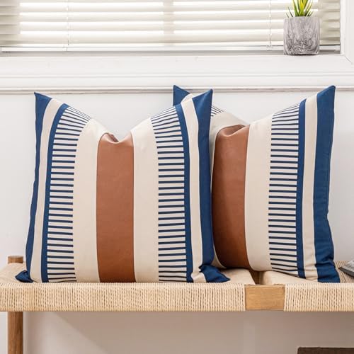 Farmhouse Stripe Pillow Cover 18x18 Boho Accent Cushion Case Faux Leather Decorative Pillowcase,Navy Blue and Beige (Cover ONLY, Pack of 2)
