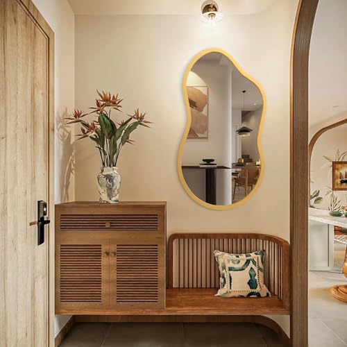 AAZZKANG Large Wall Mirror with Wood Framed 26"x16" Gold Irregular Hanging Mirrors Asymmetrical for Bathroom Bedroom Living Room Entryway