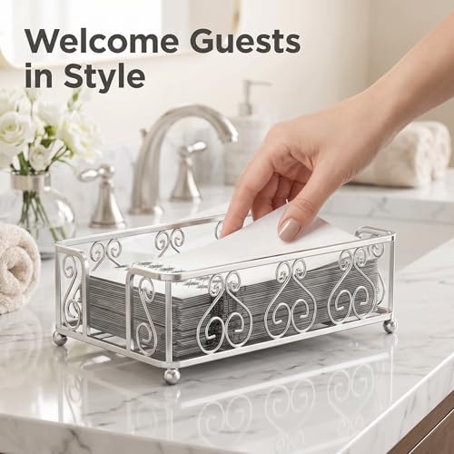 Guest Towel Holder Tray for Bathroom Countertop, Silver Napkin