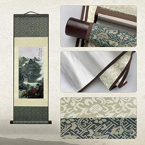 AtfArt Asian Wall Decor - Beautiful Silk Scroll Painting of Waterfall River Landscape - Mountain Spring Autumn Color Oriental Decor Chinese Art Wall Scroll Hanging (36.2 x 12 in)