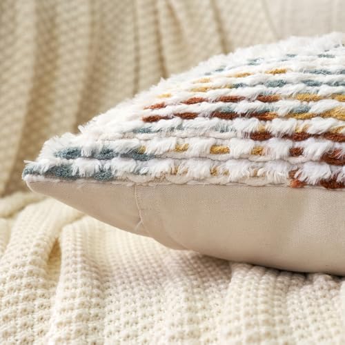 Aeckself Boho Chenille Tufted Pillow Cover 20 x 20 Inch, Decorative Square Throw Pillow Cover Neutral Pillowcase for Couch Bedroom Living Room, Orange White