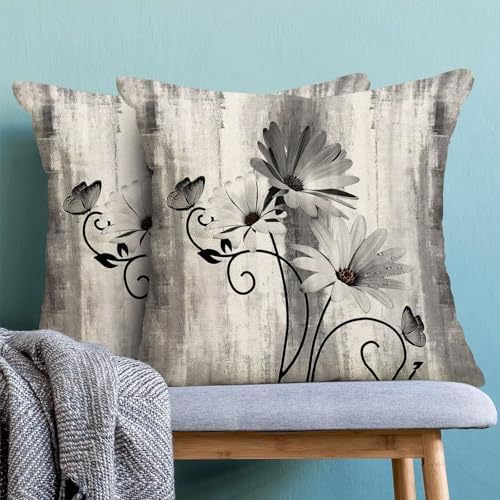 Black Floral Pillow Covers 18 x 18 Inch Set of 2 Daisy Floral Butterfly Decorative Throw Pillow Covers Linen Rustic Farmhouse Cushion Cases for Home Sofa Couch Living Room Decor