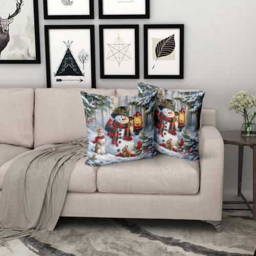 Giwawa 2PCs Snowman Throw Pillow Covers, 20"x20" Winter Snowy Trees Red Birds Rabbits Decorative Cotton Pillow Cases, Rustic Xmas Square Cushion Cover for Sofa Couch Living Room Holiday