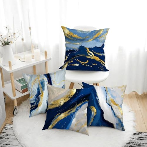 Navy Blue and Gold Throw Pillow Covers 18x18 Set of 4 Modern Art