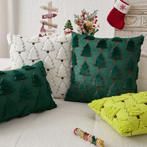 Kevin Textile Christmas Tree Pillow Covers 20x20 Inch Set of 2 Luxury Embroidery Soft Plush Faux Fur Decoration Pillowcases for Couch Sofa Holiday Festivals Winter Xmas Gift, Dark Green