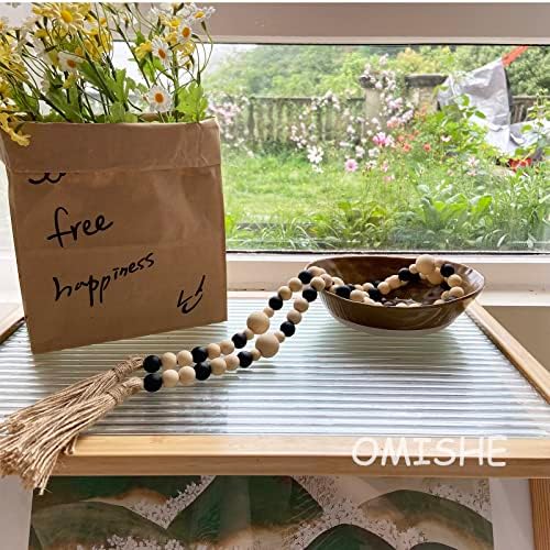 OMISHE Wood Bead Garland with Tassels 61 Inches, Boho Farmhouse Wooden Decorative Beads for Home Tiered Tray Decor, Beige Black