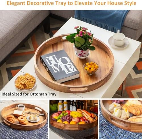 Wooden Serving Tray with Handles 22 Inch Extra Large Round Ottoman Tray Acacia Large Wood Trays for Ottoman Coffee Table Tray Decorative Trays for Living Room Wooden Trays for Food