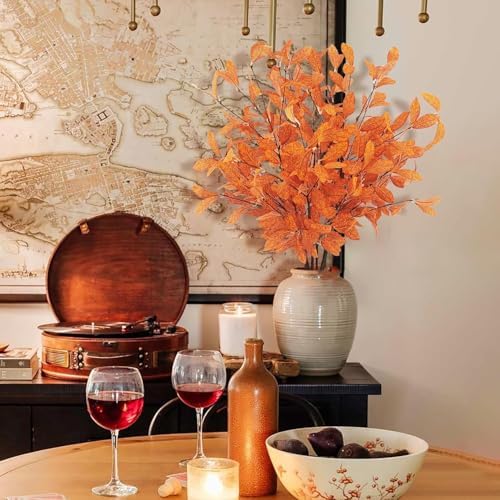 Uieke 18 Pcs Artificial Fall Eucalyptus Stems Fall Eucalyptus Leaves Plants Fall Decorations with Fall Leaves for Autumn Office Home Wedding Centerpiece Fall Florals Arrangement Decor (Orange)