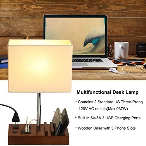 Briever USB Table Lamp, Multi-Functional Desk Lamp with 2 AC Outlets, Bedside Lamp with 3 USB Charging Ports and Wooden Phone Stands, Nightstand Lamp for Bedroom, Livingroom, Office, Walnut Wood