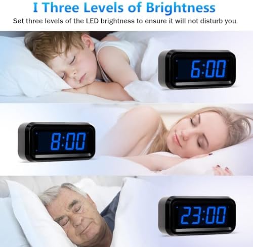 Digital Alarm Clock Battery Operated with LED Display for Bedrooms, Long Battery Life, 3 Brightness Adjustable, 12/24 Hour, Snooze, Black Case with Blue Digits