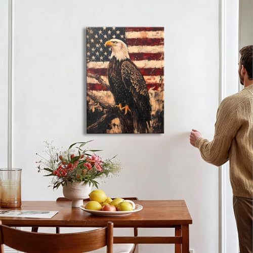 RIBNTAK Vintage Patriotic Bald Eagle for Independence Day Wall Art Decorations, 16x24 In, Aesthetic Posters for memorial day Canvas Print Decor, Rustic Artwork for Living Room, Bedroom, Office