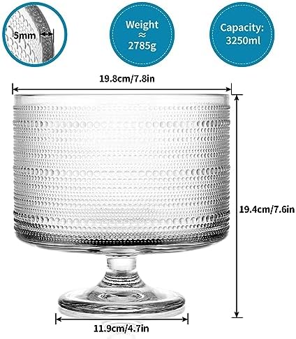 MDLUU Glass Trifle Bowl with Pedestal, 3.43qt Footed Dessert Stand, Vintage Centerpiece Bowl for Layered Cakes, Fruits, Salad (Raindrop Pattern)