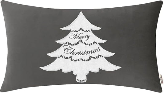 BRAWARM Christmas Pillow Cover 12 X 20 Inches, Gray Christmas Tree Embroidered Lumbar Pillow Cover, Soft Velvet Decorative Throw Pillow for Couch Bed Sofa Living Room Home
