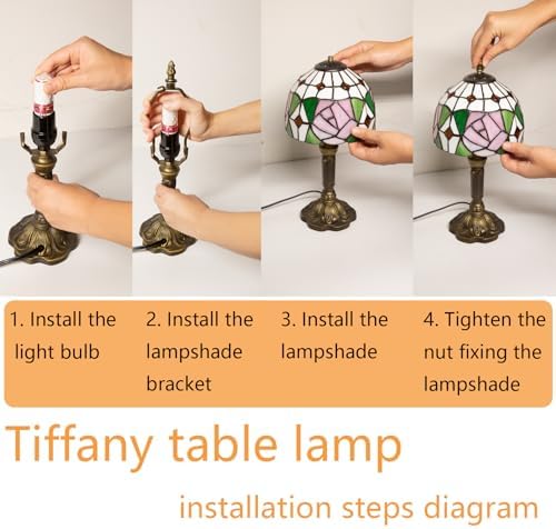 Small Tiffany Table Lamp, 3 Color Temperature, 8 Inch Antique Stained Glass Lamp for Bedroom Living Room Home, Handcrafted Light, Included Bulb (D Rose)