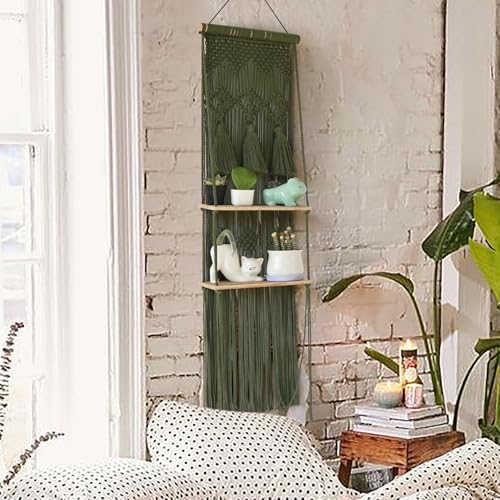 Flber Hanging Shelf Macrame Wall Hanging Green Boho Shelfs Tassels Floating