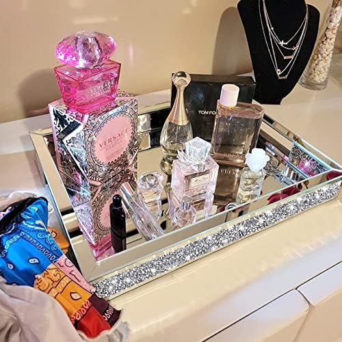 Wocred Mirror Jewelry Organizer fits Dresser Bedroom,Crushed Diamond Bathroom Tray with Handles,Perfume Tray,Decorative Serving Tray for Coffee Table Decor(11”x15”x2”)