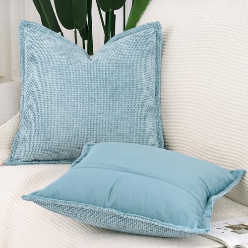 MADIZZ Decorative Chenille Velvet Throw Pillow Covers Set of 2 Soft Boho Textured Neutral Couch Throw Pillow for Bed Modern Farmhouse Home Decor for Sofa Livingroom Light Blue 18x18 Inch