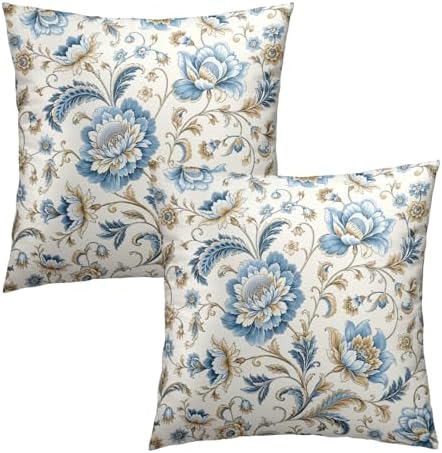 Blue Flowers Chinoiserie Print Throw Pillow Covers 24x24 Inch Set of 2 Vintage Floral Boho Cottage Spring Fall Decor Cushion Cover Neutral Accent Modern Pillowcase for Home Bedroom Sofa Couch