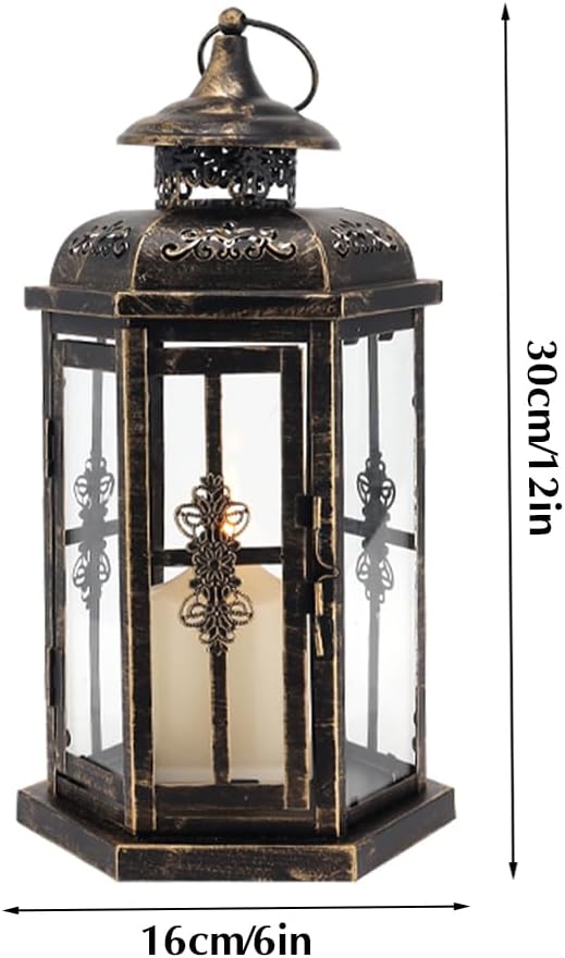 JHY DESIGN Medium Decorative Lanterns 12“H Outdoor Candle Lanterns Vintage Metal Candle Holder for Indoor Outdoor, Events, Parities and Weddings(Black with Gold Brush)