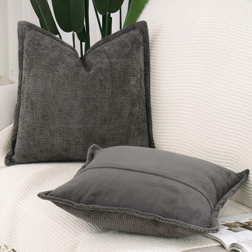 MADIZZ Decorative Chenille Velvet Throw Pillow Covers Set of 2 Soft Boho Textured Neutral Couch Throw Pillow for Bed Modern Farmhouse Home Decor for Sofa Livingroom Dark Taupe 20x20 Inch