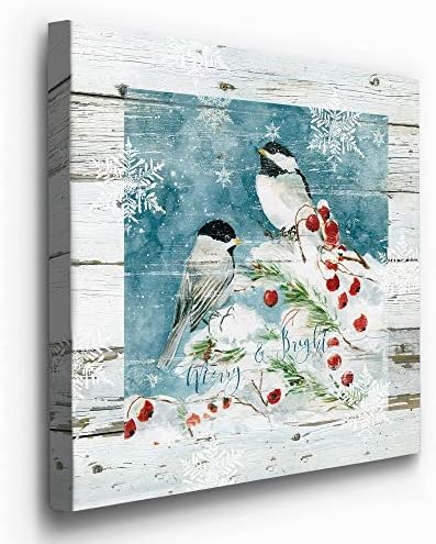 Renditions Gallery Christmas Abstract Wall Art Bright Merry Chickadees on White Snowed Cherry Trees Canvas Hanging Artwork Prints for Bedroom Office Home Kitchen - 40"X40" LT05