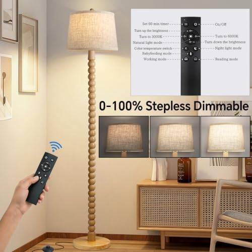 Wood Floor Lamp for Living Room,Real Wood Standing Lamp with Color Changing Bulb, Tall Lamp with Linen Shade, Floor Lamp for Bedroom,Corner,Dining Room (Natural Wood Finish with Remote LED Bulb)