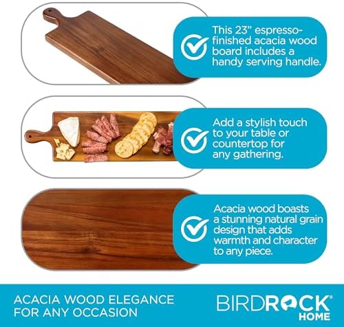 BIRDROCK HOME Acacia Wooden Serving Board with Handle - Long Charcuterie Tray for Party Cheese, Meat, Fruit & Bread Display - Decorative Food Platter for Kitchen - Natural Wood - Espresso, 23”