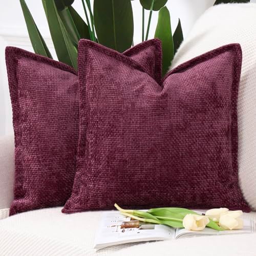 MADIZZ Decorative Chenille Velvet Throw Pillow Covers Set of 2 Soft Boho Textured Neutral Couch Throw Pillow for Bed Modern Farmhouse Home Decor for Sofa Livingroom Burgundy 16x16 Inch