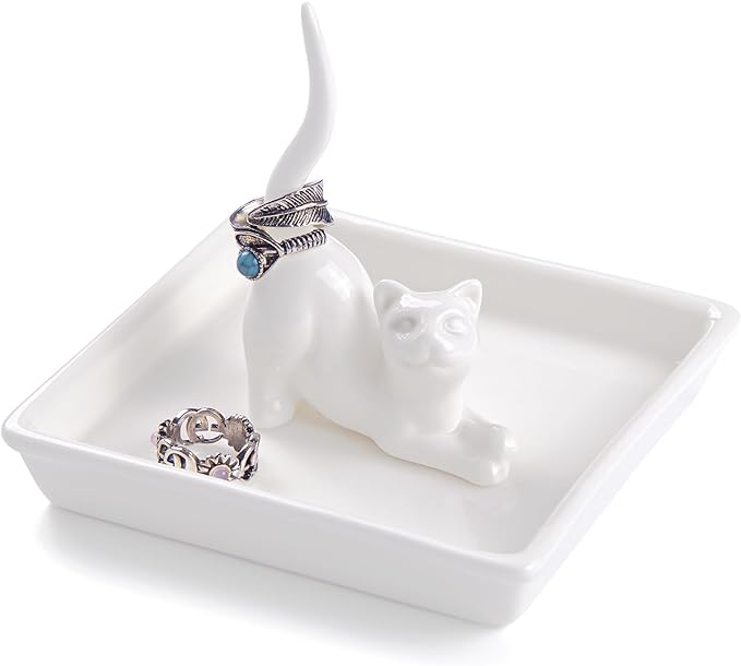 PUDDING CABIN Cat Mom Gifts for Women, Cat Ring Holder for Jewelry, Jewelry Tray Dish Rings Bracelets Earrings Trinket Tray, Gifts for Cats Lovers Mother's Day Birthday Christmas Wedding