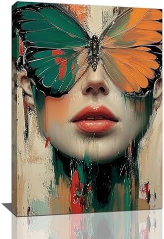 Crekviy Butterfly Pictures Wall Decor Girl Butterfly Canvas Wall Art Vintage Woman Prints Painting Artwork Decorations for Bathroom Bedroom Living Room Framed Girl Gifts 20"x24"