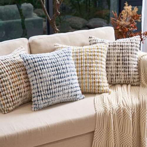 Aeckself Boho Chenille Tufted Pillow Cover 20x20 Inch, Decorative Square Throw Pillow Cover Neutral Pillowcase for Couch Bedroom Living Room, Blue White