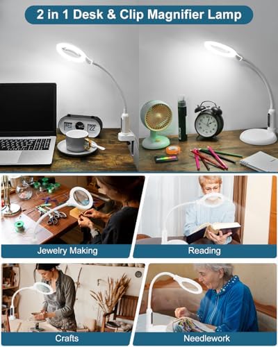 12X Magnifying Glass with Light and Stand, Real Glass, LED 5 Color Modes, Brightness Stepless Dimming Lighted Magnifier Hands Free, Flexible Gooseneck Desk Lamp with Clamp for Close Work, Craft, White