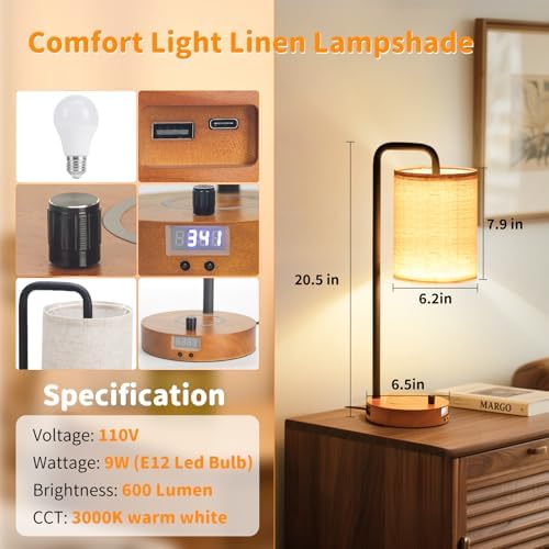 Table Lamps Set of 2 with USB Ports and Wooden Base, Bedside Nightstand Lamps with Warm White Bulbs, Fabric Shade for Bedroom, Living Room, Office, Boho