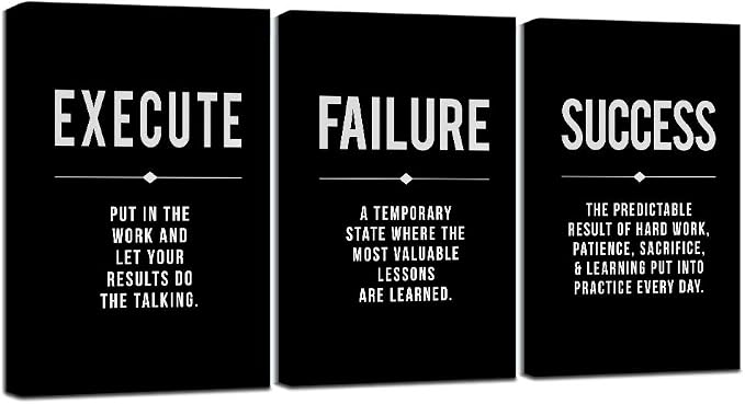 Framed Canvas Wall Art Success Quote, Office Wall Art, Black Large Poster, Positive Motivational Set of 3 Prints, Execute Failure Definition, Inspirational Print (A-3pcs,24x36inchx3pcs)