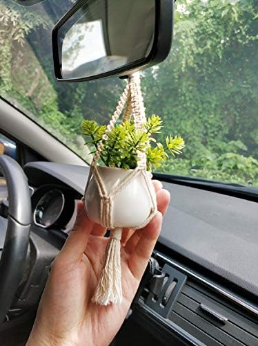 Dahey 2 Pack Mini Macrame Succulent Plant Hangers for Car Rearview Mirror