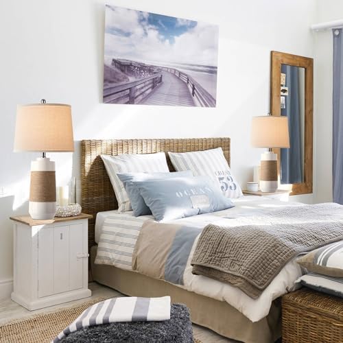 Hamucd White Boho Ceramic Lamps with Rope for Living Room Set of 2 Nautical Rattan Coastal Bedside Table Lamps for Bedroom Beach Nightstand Lamps with 2 Bulbs